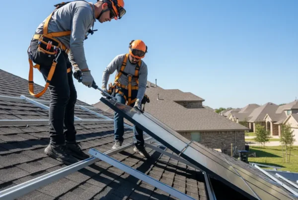 Professional technicians in safety gear performing a solar panel detach and reset on a residential roof.