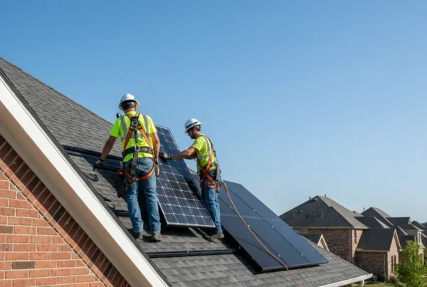 Two professional technicians reinstalling solar panels on a new residential roof in McKinney.