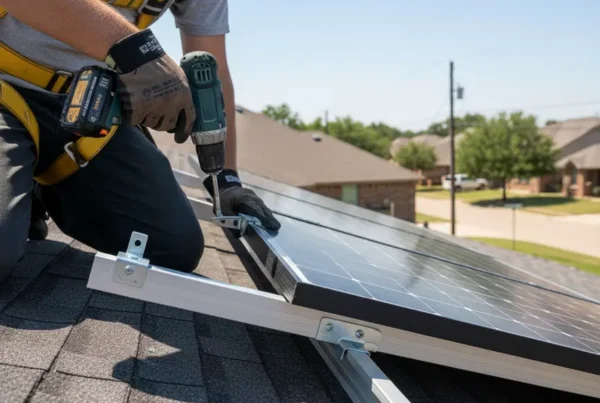 Technician performing solar panel reinstallation on a residential roof in Garland, Texas.