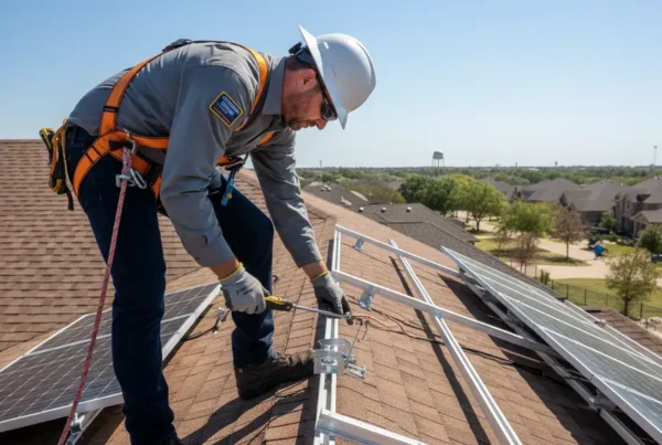 Solar technician inspecting mounting hardware and racking during a solar panel reinstallation on a roof.