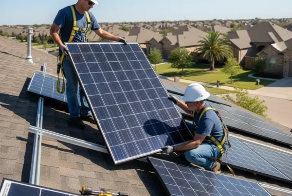 Two professional technicians reinstalling solar panels on a residential roof in Texas.
