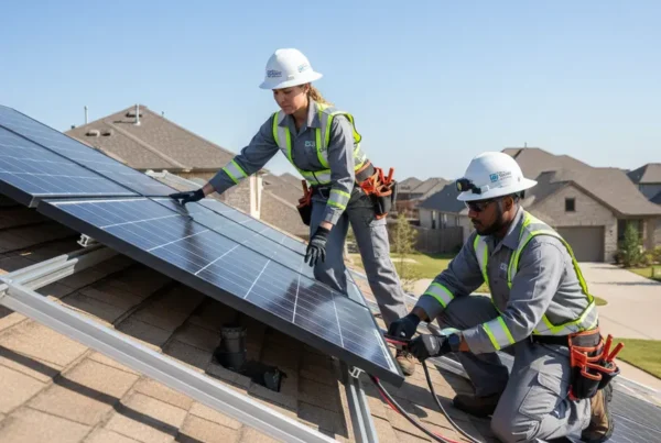 Two professional installers conducting a solar panel reinstallation on a residential roof in DFW.