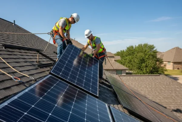 Two technicians performing a professional solar panel reinstallation on a residential roof in Texas.