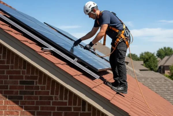 Technician performing a solar panel reinstallation with a workmanship warranty in Dallas, TX.