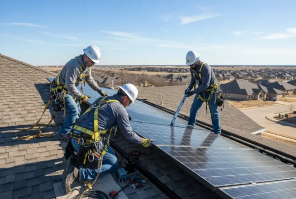 Two professional electricians reinstalling solar panels on a residential rooftop in Denton, Texas.