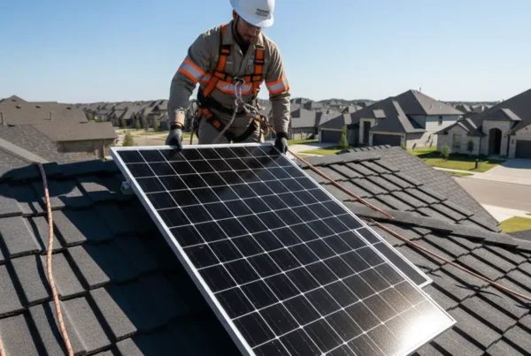 A certified technician carefully reinstalls a solar panel on a residential roof in Texas.