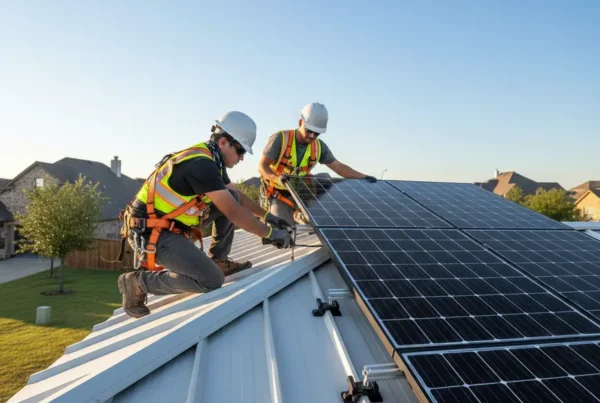 Technicians reinstalling solar panels on a modern metal roof of a home in Allen, TX.