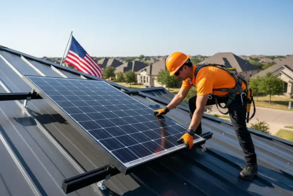Professional installer reinstalling solar panels on a modern standing seam metal roof in Dallas.