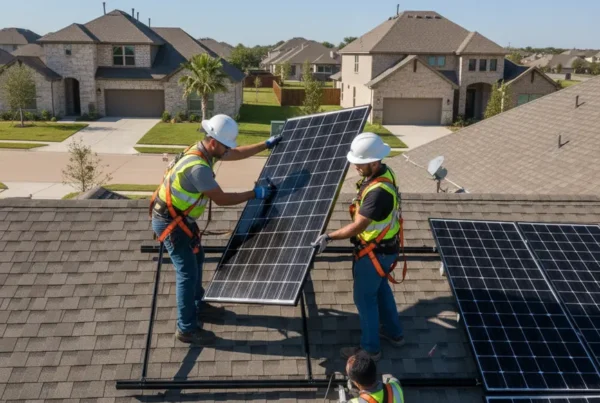Two licensed technicians carefully removing solar panels from a residential roof in Dallas, TX.
