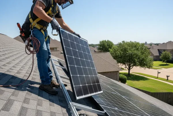 Technician safely removing solar panels from a residential roof in Lewisville, Texas.