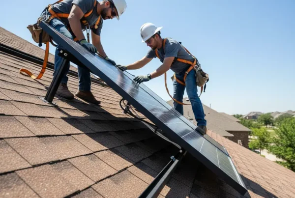 Licensed technicians safely performing solar panel removal on a residential roof in Arlington, Texas.