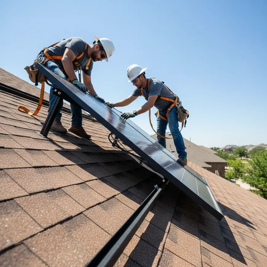 Licensed technicians safely performing solar panel removal on a residential roof in Arlington, Texas.