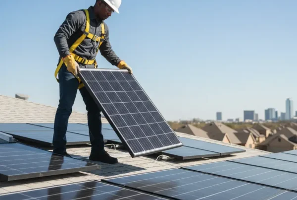A certified technician carefully performing a solar panel removal on a residential rooftop in DFW.