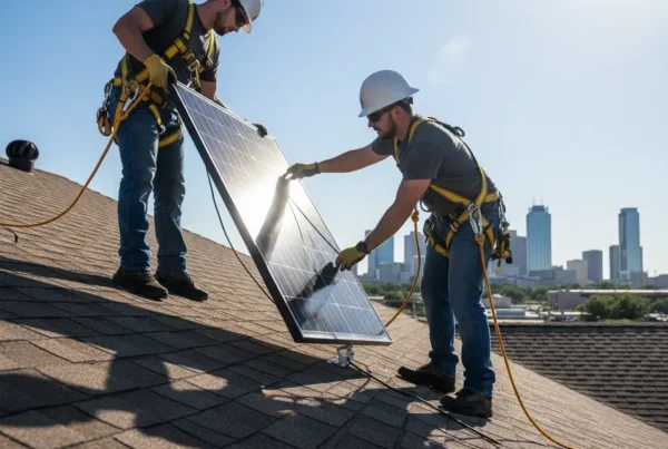 Two licensed technicians carefully removing solar panels from a residential roof in Fort Worth.