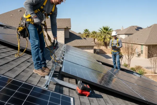 Technician performing a solar panel removal on a Texas roof to protect solar credits.