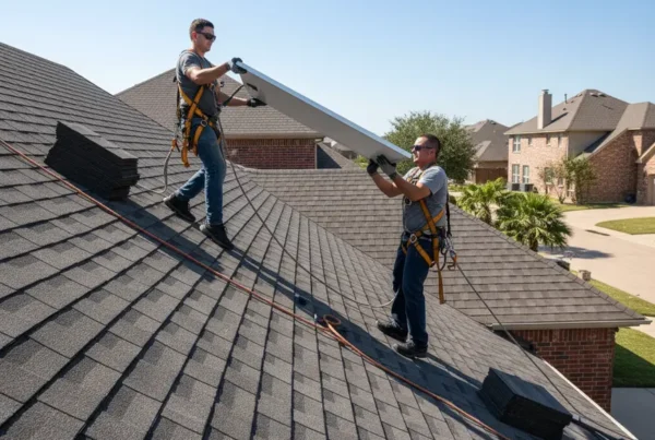 Technicians carefully removing solar panels from a residential roof for a new roof installation.