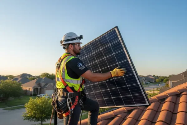 Technician safely removing a solar panel from a Fort Worth home for a roof inspection.