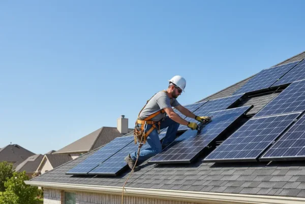Certified electrician safely removing a solar panel from a roof in Coppell, Texas.