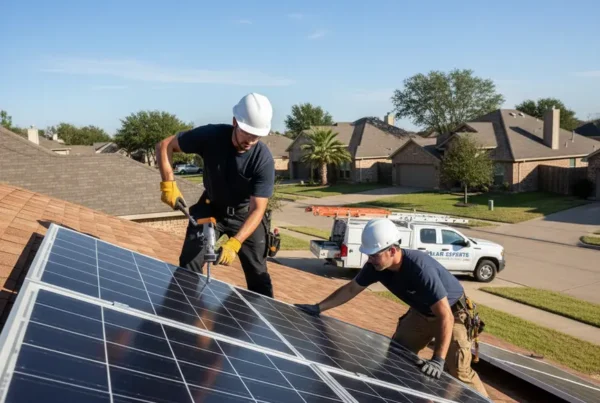 Certified technicians carefully removing solar panels from a residential roof for repairs in Texas.