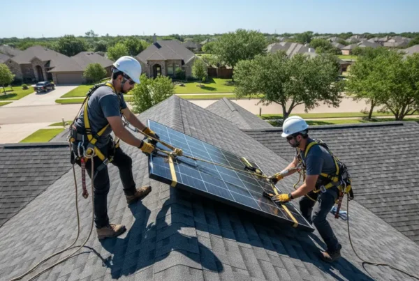 Technicians in safety gear removing solar panels from a residential roof for repairs.