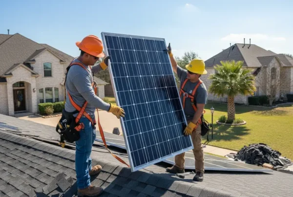 Certified technicians safely performing solar panel removal on a residential roof for replacement.