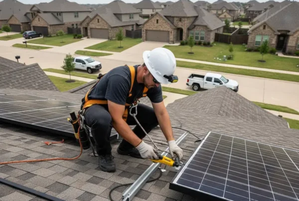Licensed electrician carefully removing a solar panel from a residential roof in Little Elm, Texas.