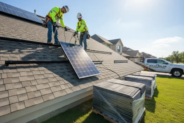 Technicians carefully removing solar panels from a residential roof before a reroofing project in Prosper.