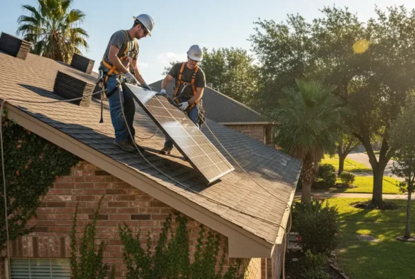 Two certified technicians carefully removing solar panels from a residential roof in Texas.