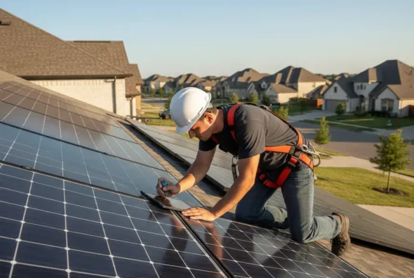 A licensed technician in full safety gear inspecting solar panels on a residential roof in Flower Mound.