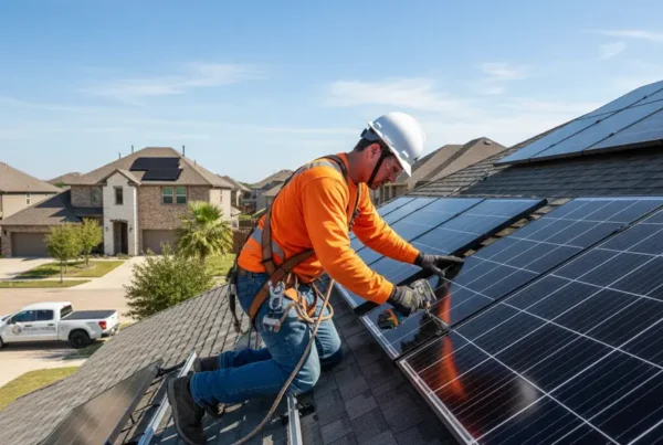 A certified technician installing new, modern solar panels on a residential roof in Carrollton.