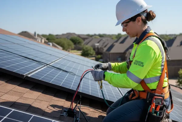 Electrician safely handling solar panel wiring on a residential roof during a replacement project.