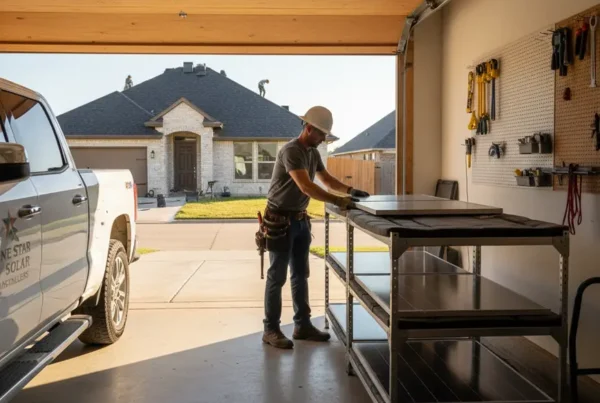 Technician safely storing solar panels in a garage during a home roof replacement.