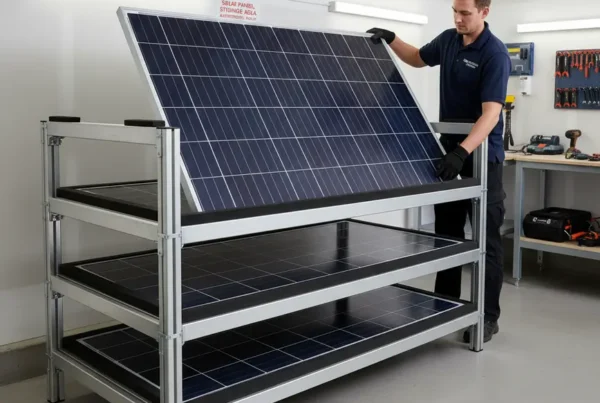 A technician carefully places a solar panel onto a secure storage rack in a garage.