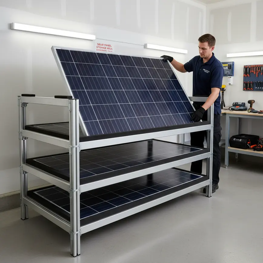 A technician carefully places a solar panel onto a secure storage rack in a garage.