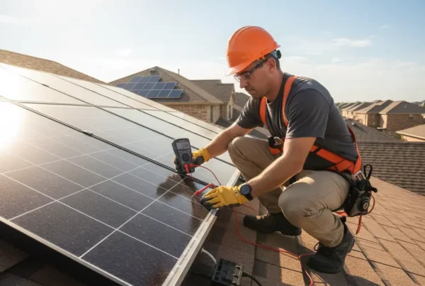 Technician testing a reinstalled solar panel on a residential roof with a multimeter.
