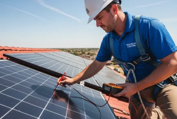 Technician on a roof testing a reinstalled solar panel with a diagnostic tool.