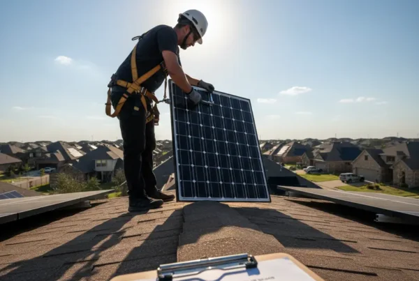 Technician on a Texas roof performing a solar panel removal with a permit nearby.