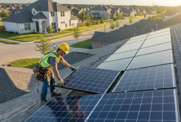 A certified technician installing new, efficient solar panels on a residential roof in Texas.