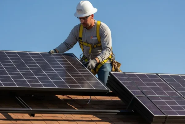 Technician in safety gear upgrading solar panels on a residential roof in Texas.