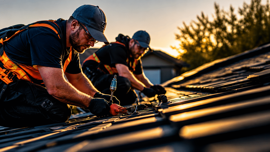Solar panel removal blog: technicians removing panels from a Texas roof