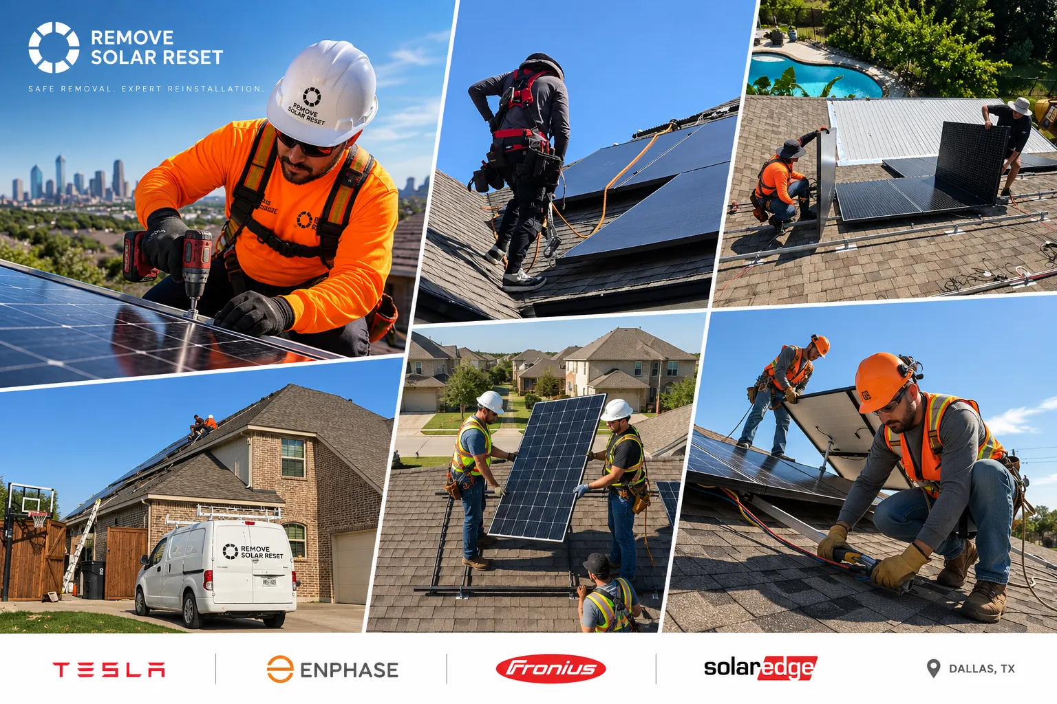 Remove Solar Reset crew removing and reinstalling solar panels during a solar panel relocation in Dallas–Fort Worth