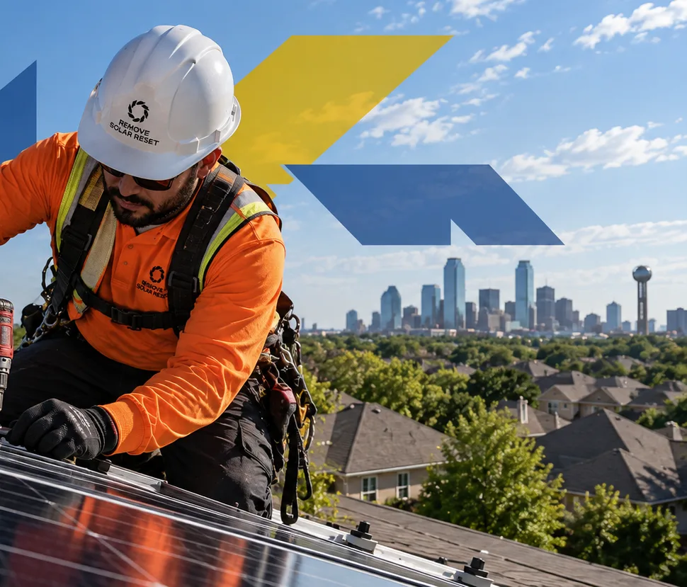 Remove Solar Reset technician working on a rooftop solar array during a solar detach and reset for an insurance claim in Dallas