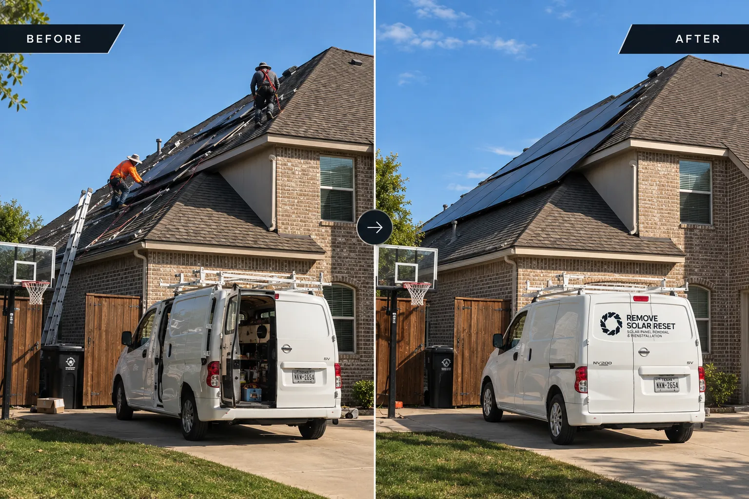Before and after a solar detach and reset in Dallas–Fort Worth: panels removed for the roof replacement, then reinstalled on the new roof