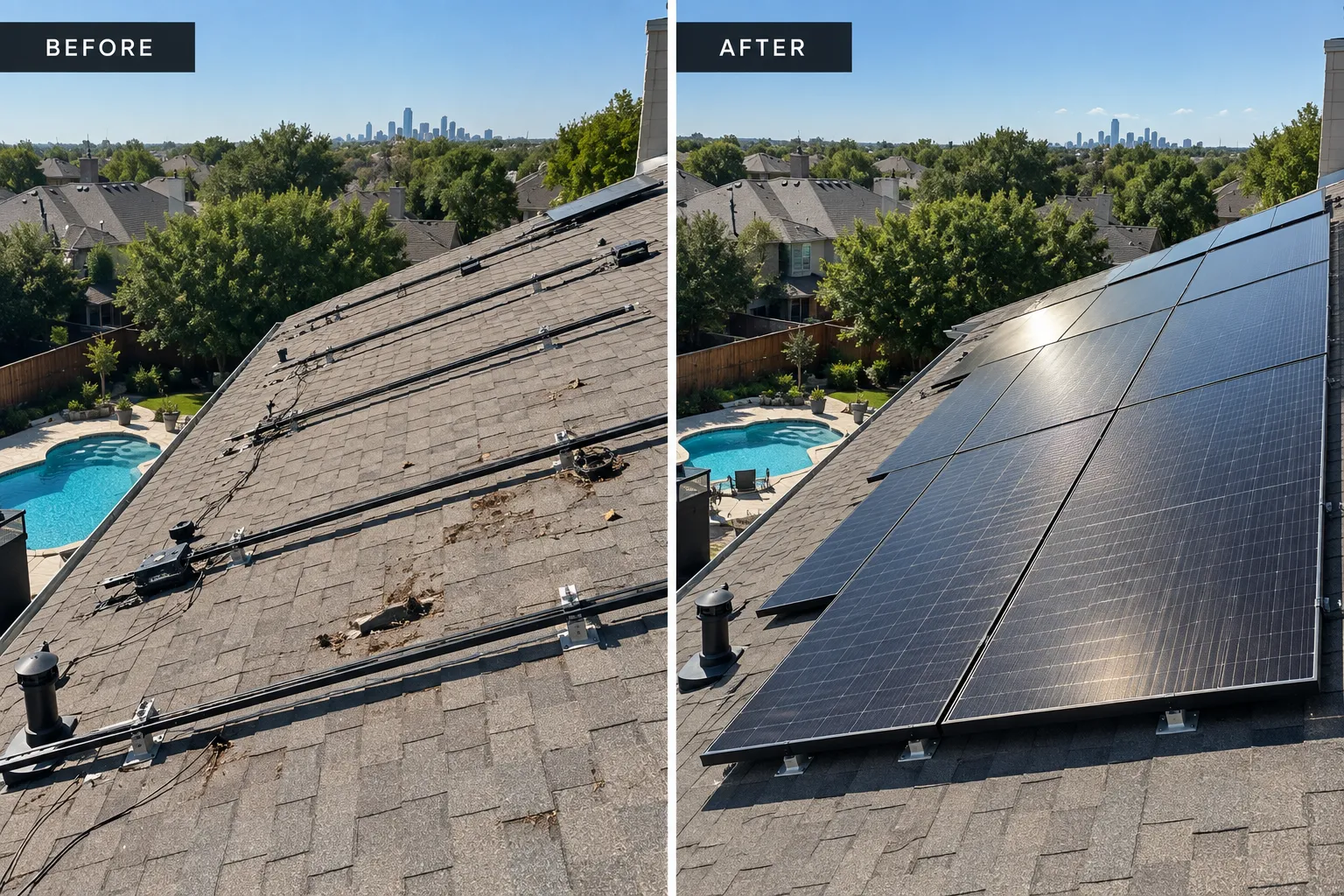 Before and after a roof replacement in Dallas–Fort Worth: solar racking removed from the old roof, then solar panels reinstalled on the new shingles