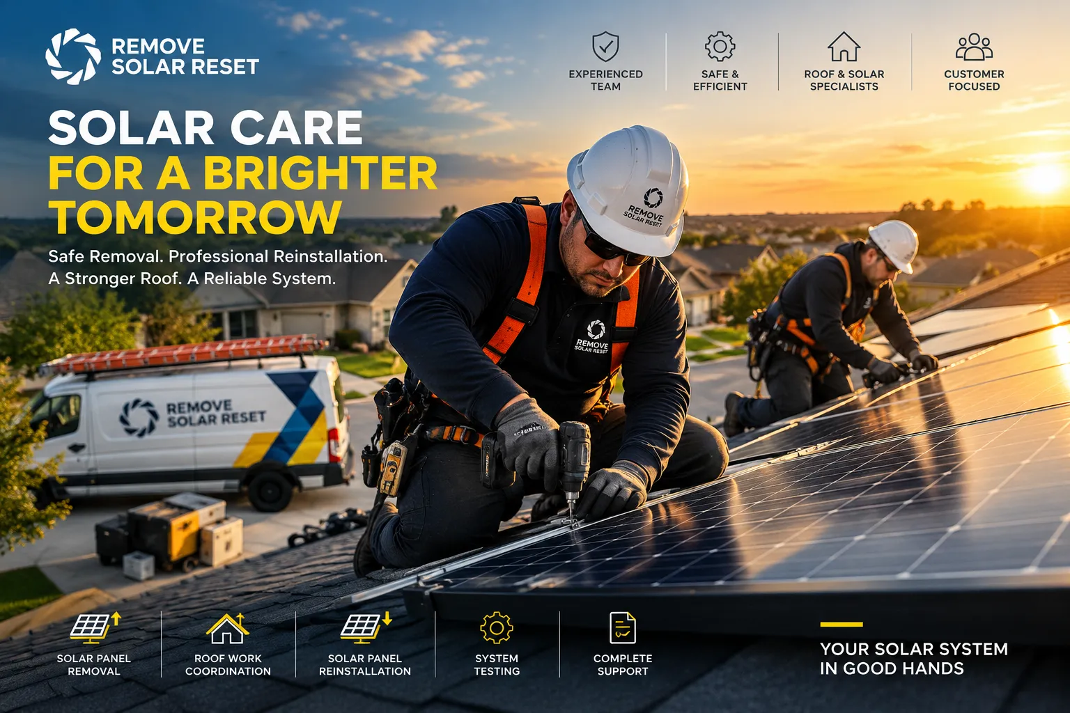 Remove Solar Reset crew working on a residential solar array in Dallas–Fort Worth