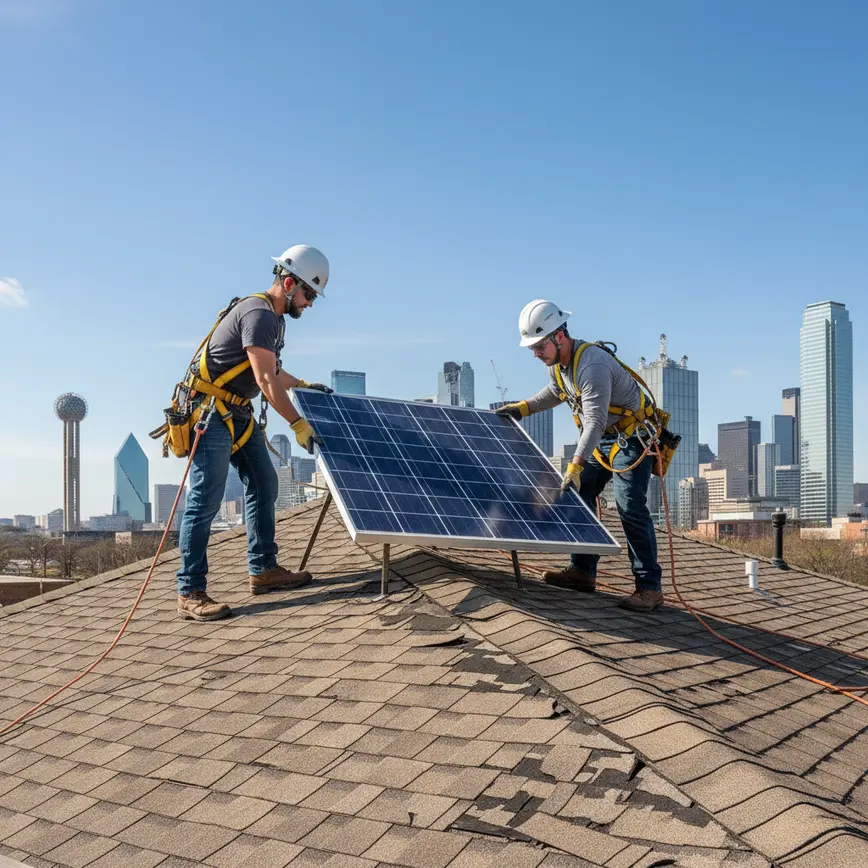 Remove Solar Reset technicians removing solar panels from a shingle roof before a roof replacement in Dallas, TX